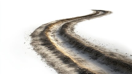 Fototapeta premium Dirt road tire marks, curving slightly, with detailed texture and shadows, isolated on a white backdrop.