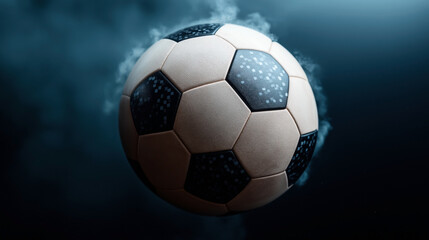 Fototapeta premium Close-up view of a soccer ball with modern pixelated pattern design, surrounded by a misty blue atmosphere, emphasizing dynamic motion and sport theme