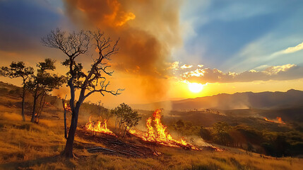 dramatic sunset illuminates landscape engulfed in flames, with smoke billowing into sky. scene captures intensity of wildfire, highlighting contrast between vibrant colors of fire and serene beauty