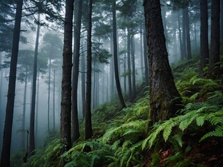 Obraz premium Misty forest, Misty landscape, Fog-shrouded forest, Forest in fog with mist, wilderness landscape forest. Mysterious fog-filled forest scene