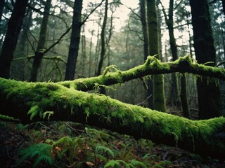 Moody picture of a moss-covered tree branch in the woods. Mysterious forest setting with moss-covered tree limb