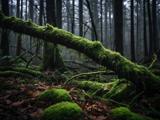 Moody picture of a moss-covered tree branch in the woods. Shadowy woodland scene with mossy branch