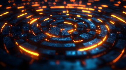 Circular labyrinth with glowing neon lines, symbolizing enlightenment, futuristic style, holographic reflections, AI-inspired design, dark blue background