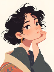 A Cute Cartoon Boy with Brown Curly Hair and Big Eyes, Wearing Green Clothes, Contemplating with Hand on Chin, Against a Solid Background
