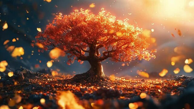 Glowing golden tree growing in a magical forest at sunset, symbolizing long term financial growth, investment, and a comfortable retirement