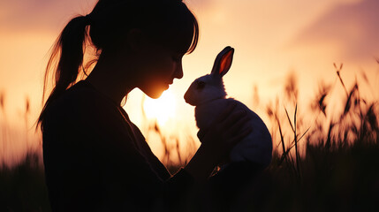 A woman gently cradles a small white rabbit against her face while standing in a field. The warm hues of sunset create a serene backdrop, enhancing their connection.