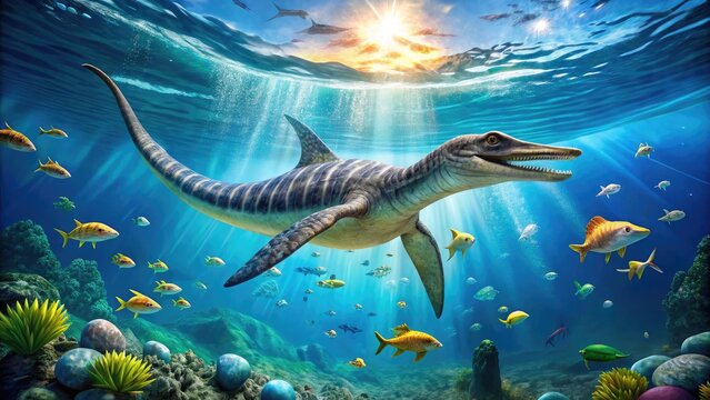 Realistic plesiosaur swimming gracefully in a prehistoric ocean with vibrant marine life surrounding it