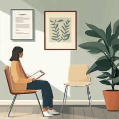 Fototapeta premium Woman waiting with clipboard in a doctor’s office reception area