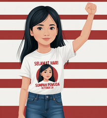 Young Asian girl clenches her fist for Indonesian Sumpah Pemuda Day