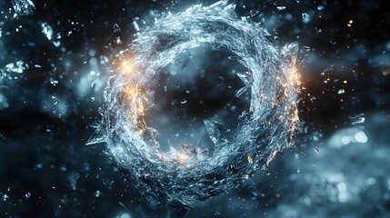 Crystal ouroboros, made of clear, shattered glass, surrounded by glowing light particles, representing fragility and eternity, Fantasy, 3D Render, High Detail