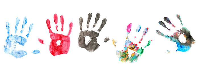 Set colorful hand print, different paint isolated on white, clipping 
