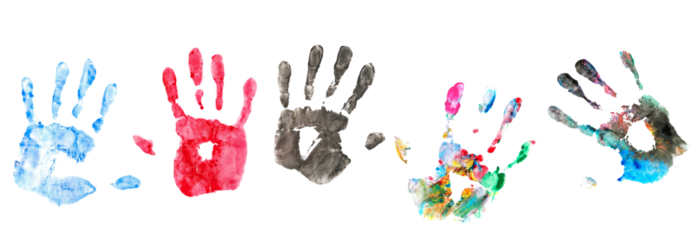 Set colorful hand print, different paint isolated on white, clipping 
