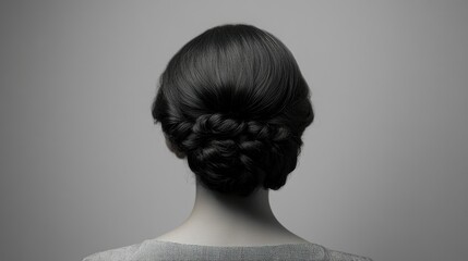 Fototapeta premium Hair clip in a young lady hair, viewed from behind, against a plain gray backdrop for focus.