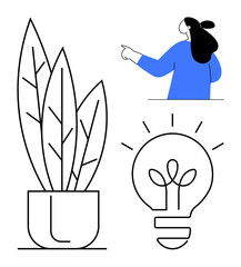 A person pointing, a potted plant with large leaves, and a lightbulb design in a modern minimalist style. Ideal for business, presentations, creativity, environment, and education themes. Clean white