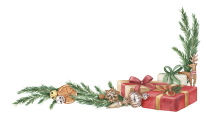 Christmas corner composition with pine branches and wrapped gifts. Hand drawn watercolor winter illustration of home decor. Seasonal isolated drawing for tradition graphic and card designs.