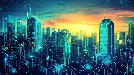 Fototapeta premium Futuristic cityscape with glowing buildings and digital circuit patterns at sunset.