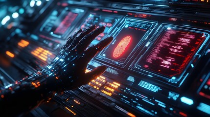 Naklejka premium High-tech interface showing real-time biometric scan as a hand presses on it, fingerprints lighting up and data panels floating in a futuristic environment