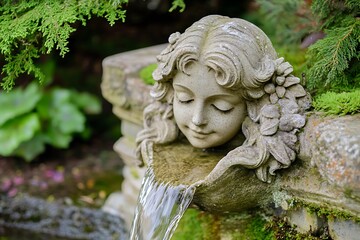 Tranquil Stone Fountain with a Female Bust and Water Flowing into a Pond.