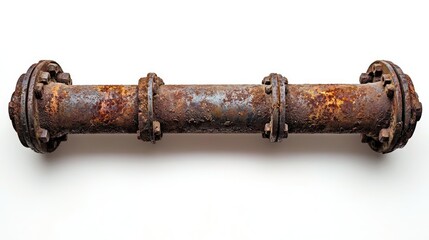 Horizontal view of an old sewer pipe with rusted connections, placed on a pure white background.