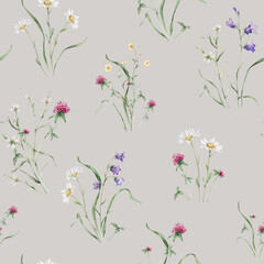 Watercolor floral seamless pattern with summer meadow flowers in botanical rustic style. Hand drawn print with bluebell, buttercup, clover, chamomile. Repeat wallpaper with leaves and plants.
