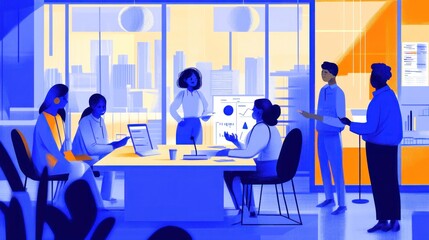 A diverse group in a modern office setting engaged in a collaborative meeting.