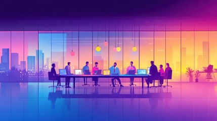 Fototapeta premium A vibrant meeting room with diverse individuals collaborating around a table.