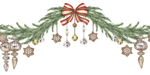 Christmas curve seamless border of pine branch with glass ball and sparkling ornaments. Hand drawn watercolor winter holiday illustration. Isolated drawing for Xmas tradition card designs.