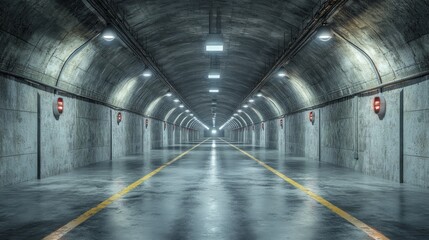 An empty, concrete underground tunnel with yellow lines in the middle of the floor and red lights on the wall.