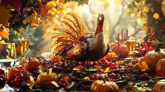 Autumn Feast with Decorative Turkey and Harvest Table Setting