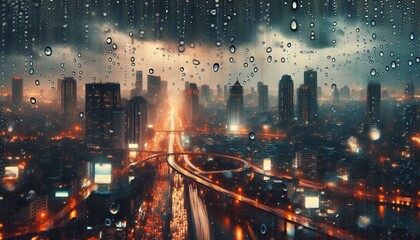 Fototapeta premium Raindrops on the window, blurred city lights in the background. City life on a rainy night.