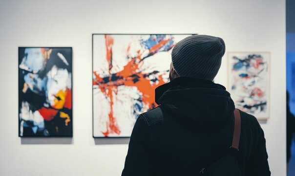 Man in gallery observing abstract paintings.