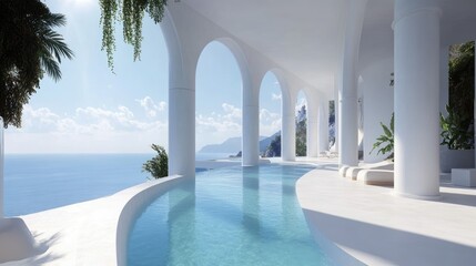 Fototapeta premium Luxurious Santorini-style home by the beach, with an infinity pool, white columns, and breathtaking sea vistas