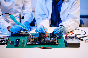 The technician is putting the CPU on the socket of the computer motherboard. electronic engineering