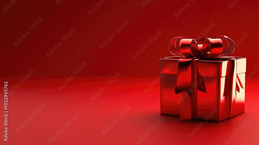 Poster a stunning red gift box adorned with a ribbon and bow positioned against a lively red backdrop ideal