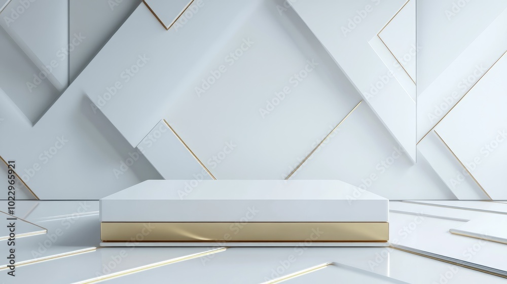 Aufkleber 3D rendering of a white and gold square podium against a white backdrop with geometric shapes Minimalist product presentation mock up