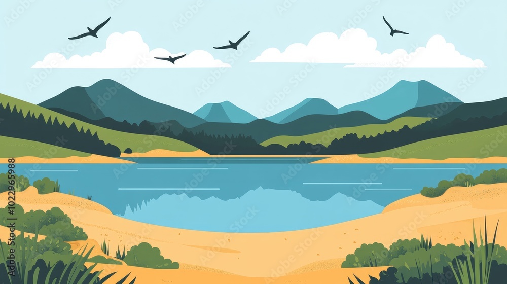 Poster beautiful flat design of a natural landscape featuring a tranquil lake nestled between sandy shores 