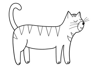 Cute cat in black and white. Funny feline character isolated element in outline. Great for coloring page, prints and cards. Vector illustration