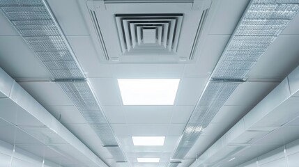 A large room with a white ceiling and a row of lights