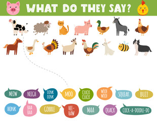 What do they say matching game for kids with cute animals. Farm activity page for school and preschool. Vector illustration
