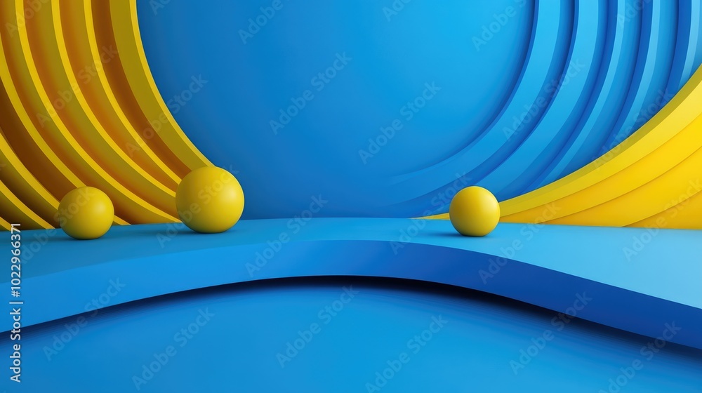 Poster Abstract minimal scene featuring a blue backdrop with geometric yellow shapes for product showcase 3D rendering