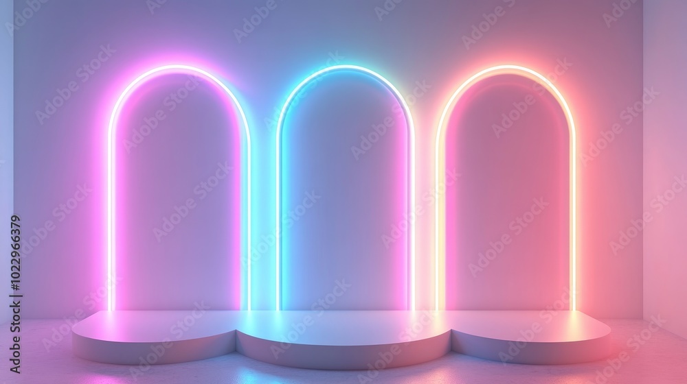 Aufkleber blank product display featuring neon lights against a pastel colored backdrop 3d rendering