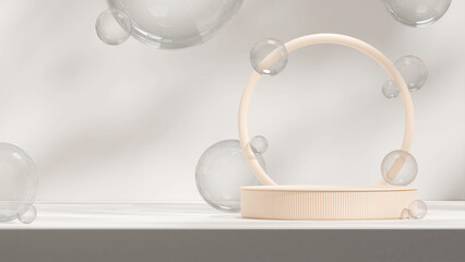 Light yellow podium 3d rendering mockup template in landscape with shadow and floating soap bubble