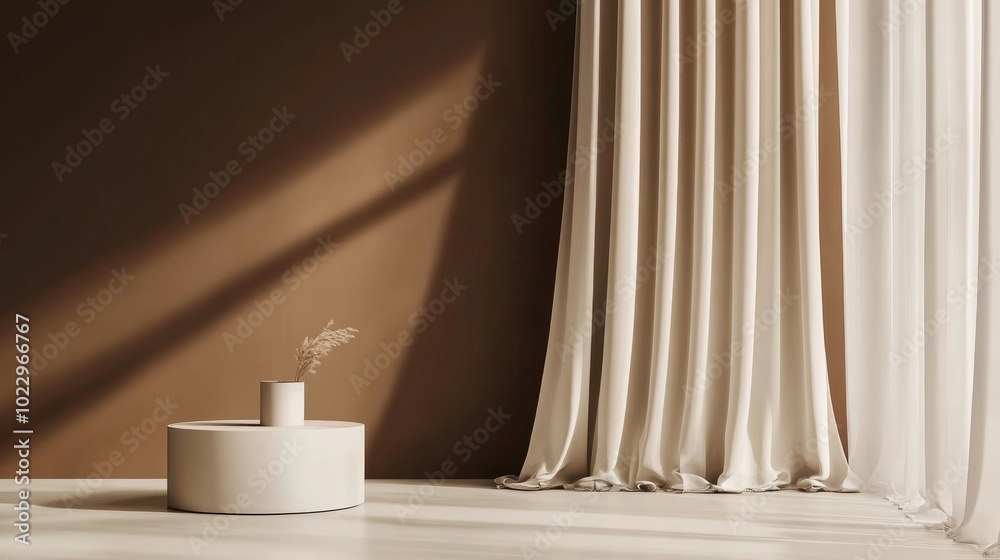 Poster 3D rendering of a product display podium with a curtain against a brown background Cylinder mock up for presentation purposes