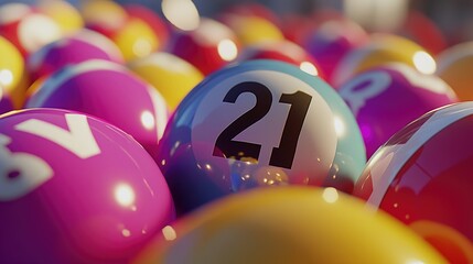Numerous colorful lottery balls, close-up, focus on the random arrangement and numbers.