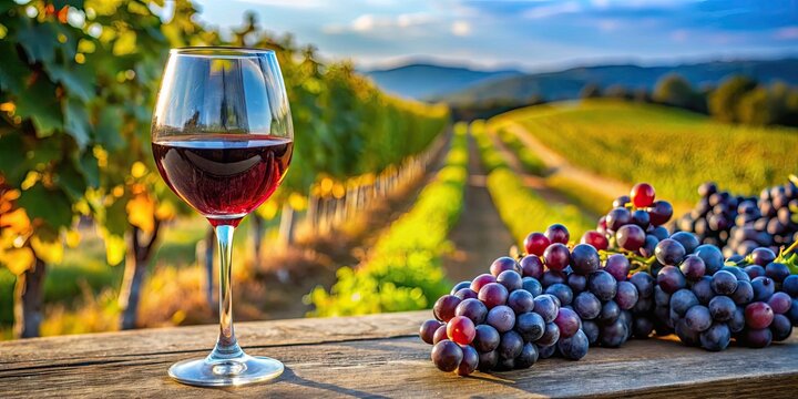 Rich Merlot Wine in a Glass with Grapes and a Vineyard Background on a Sunny Day Outside