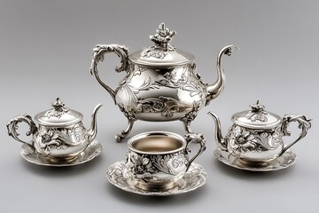 Antique Silver Tea Set with Ornate Floral Designs.
