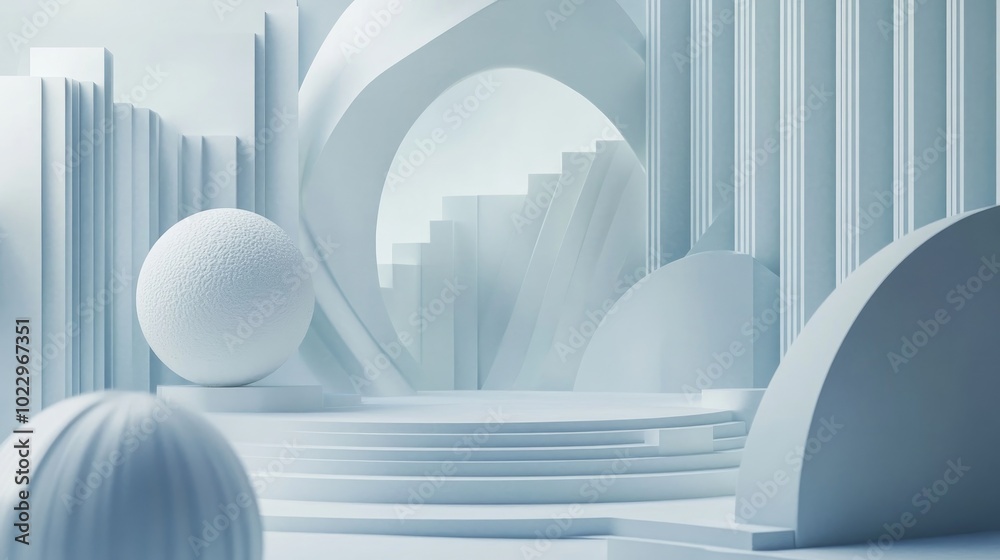 Poster Abstract podium background with geometric shapes in white tones Minimalistic 3D rendering featuring a geometric scene