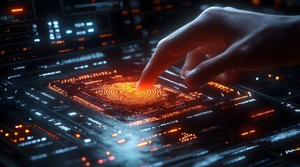 Finger resting on a sleek, modern biometric security scanner, highlighted by digital interfaces and holographic elements indicating data analysis in progress