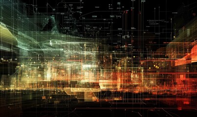 Obraz premium Abstract digital city with glowing lines.