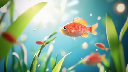 Fototapeta premium Vibrant Goldfish Swimming Among Green Aquatic Plants